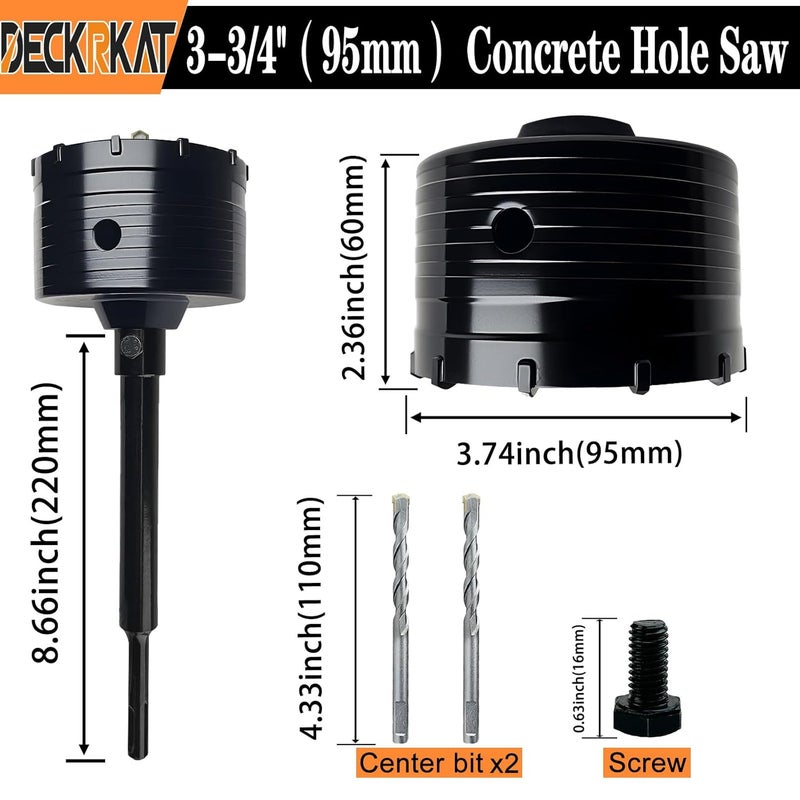 DECKRKAT 3-3/4" Concrete Hole Saw Kit,Electroplated Black Quenching Tech,Heavy-Duty Thickened Alloy Teeth,SDS Plus Shank & 2 Center Bits for Concrete,Brick,Stone. - Image 2